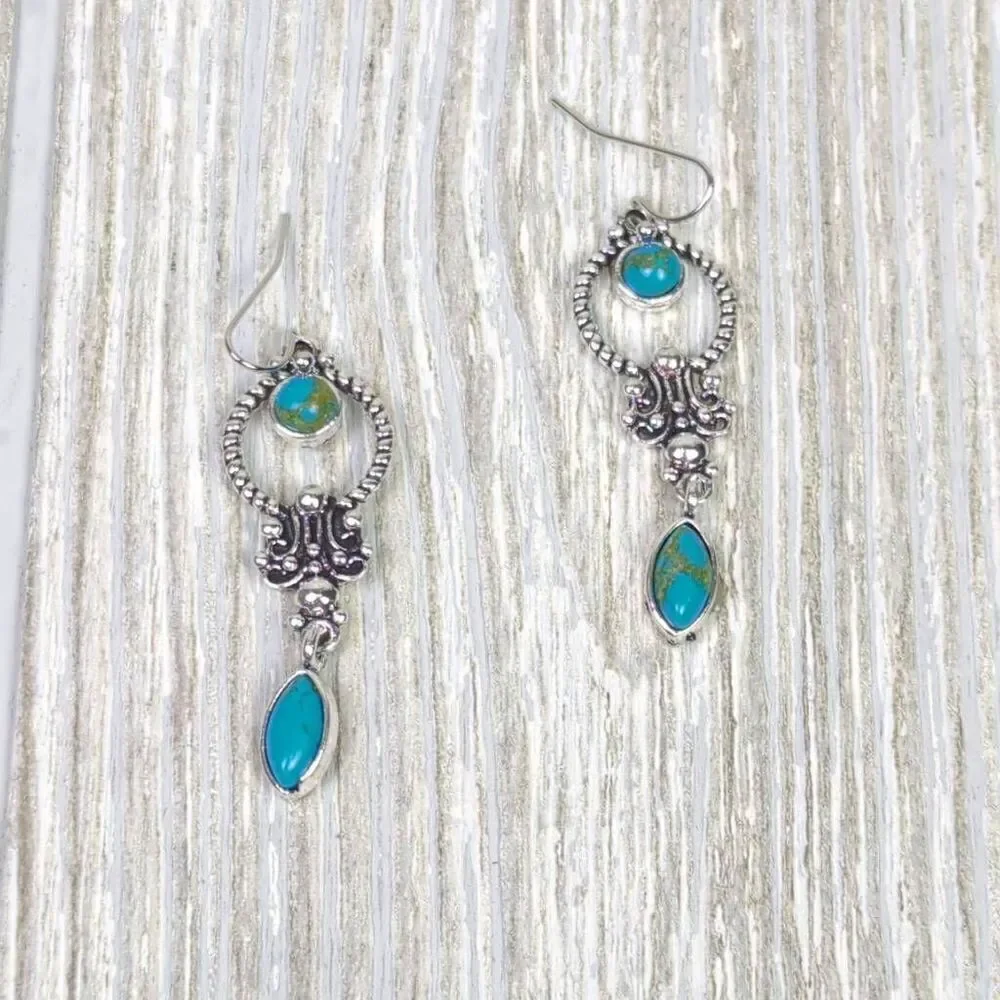 Womens Silver Tone & Turqouise Stone Dangle Wire Earrings Blue 1.5